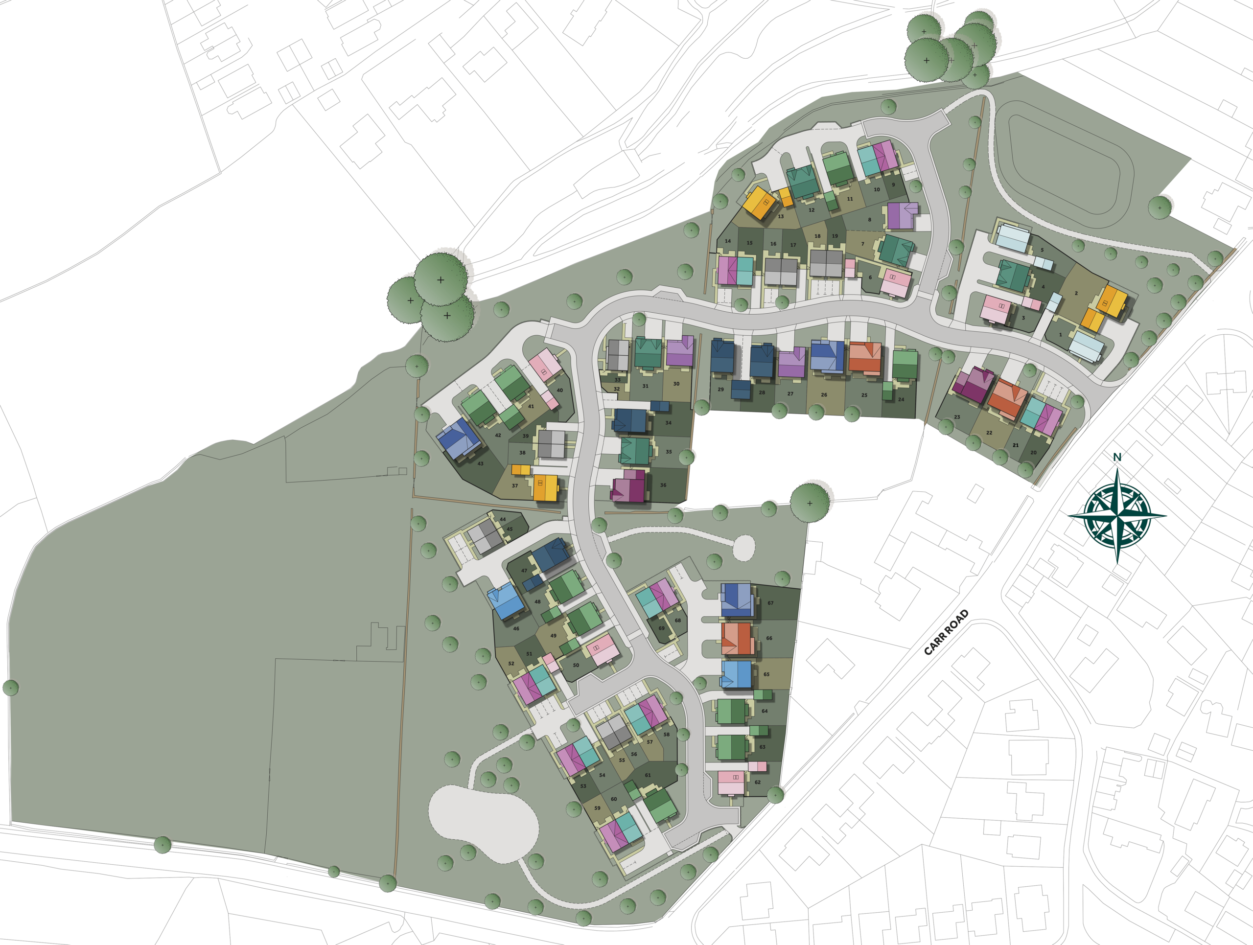 Woodhead-Park-–-Development-Layout with compass